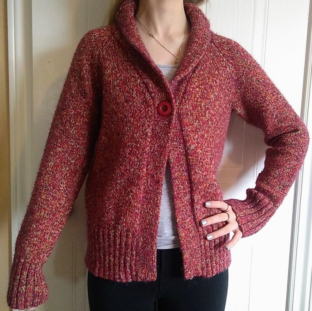 Vintage Knit Collared Cardigan with One Button Verigated Wool size S/M